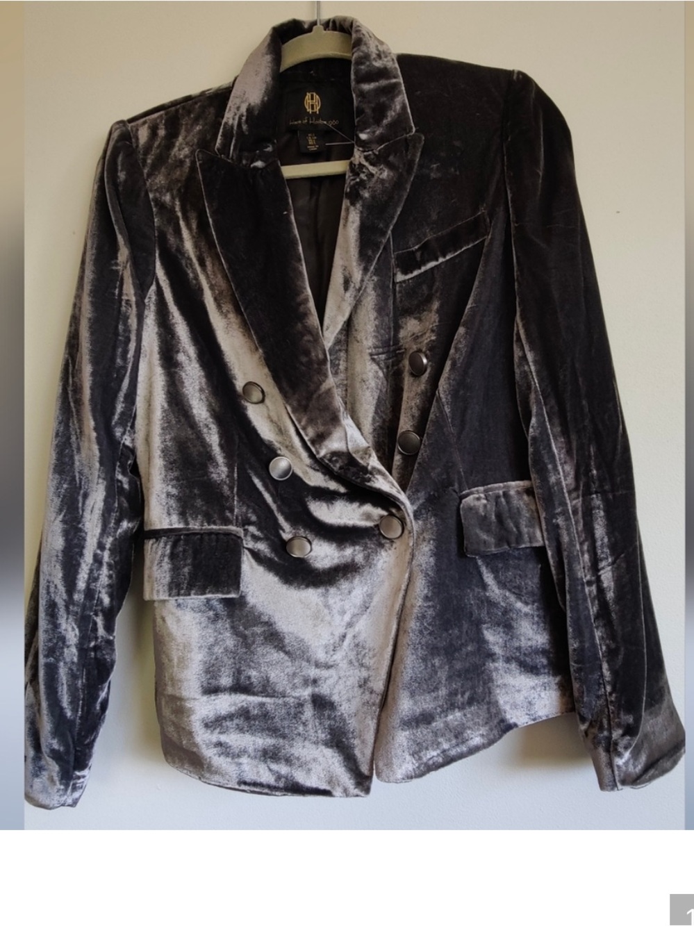 House of Harlow Velvet Double-Breasted Blazer Jacket - Gray. Size M